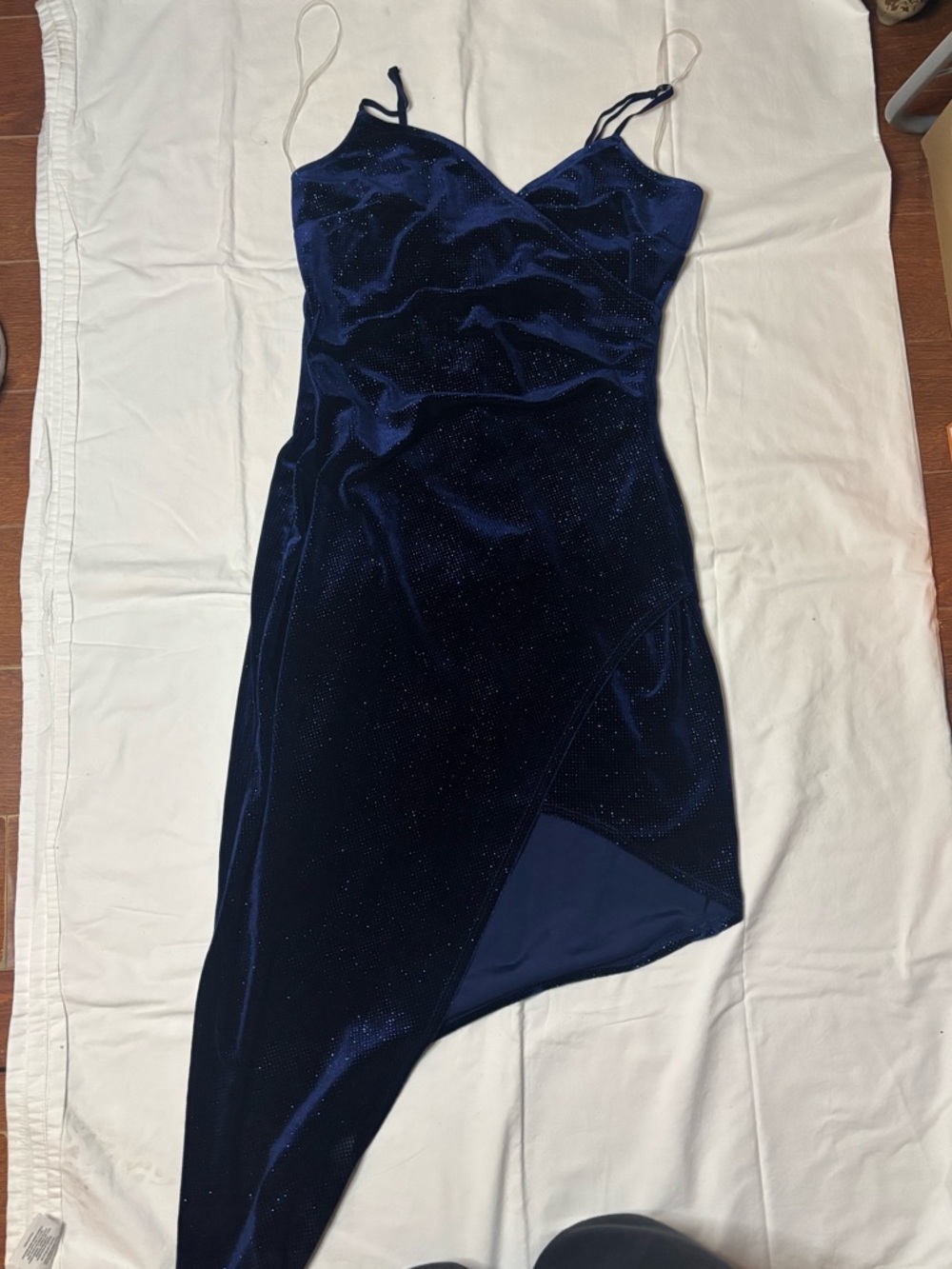 Honey and Rosie Navy Velvet Asymmetrical Slip Dress with Sparkle
